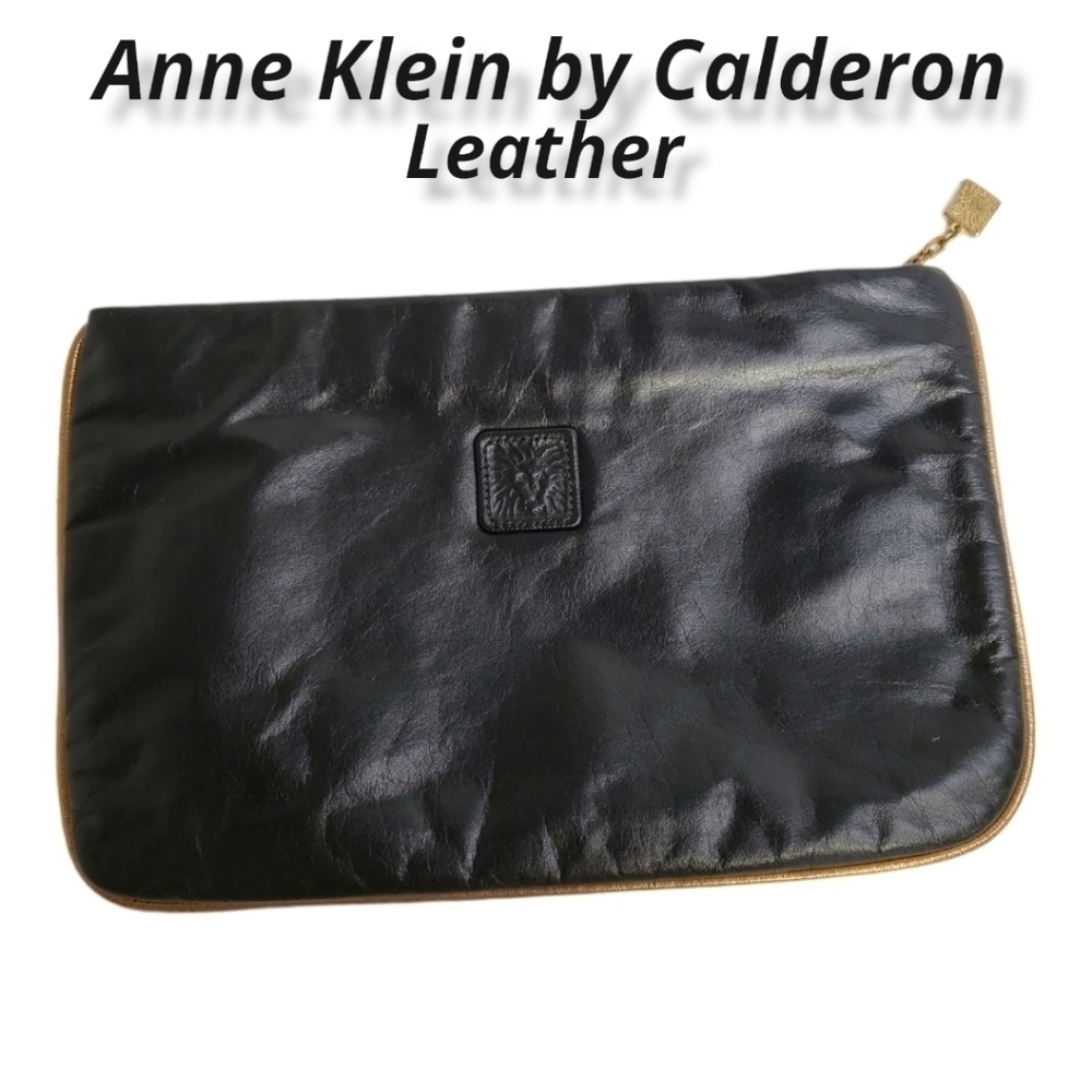 Anne Klein Clutch Bag By Calderon Black Leather with Bronze Trim EUC